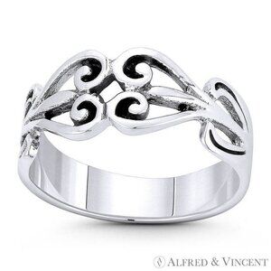 Filigree Swirl Heart Charm Stacking Ring in .925 Sterling Silver - Size 9